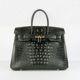 Hermes Birkin 35Cm Crocodile Head Stripe Handbags Black Gold